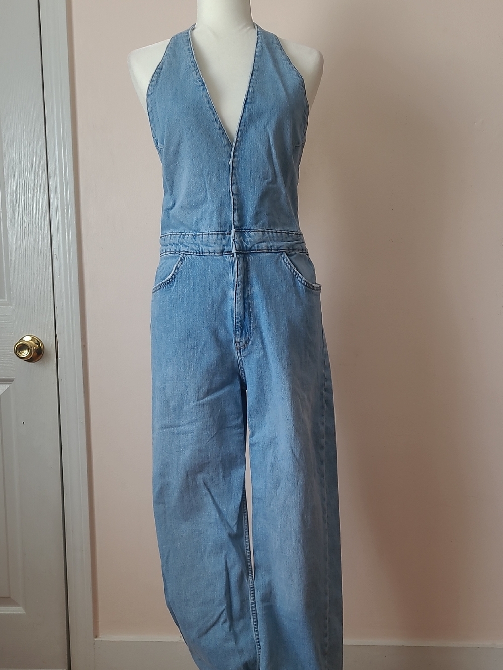 Zara Light Wash Denim Halter Neck Wide Leg Jumpsuit